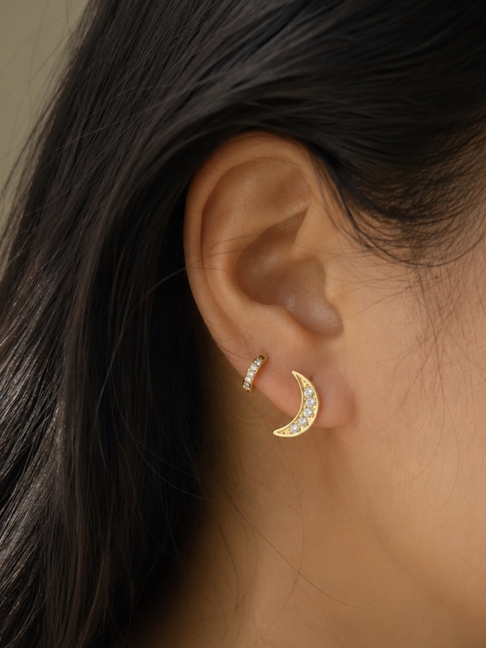 18K Gold Plated Stainless Steel Crescent Moon CZ Stud Earrings